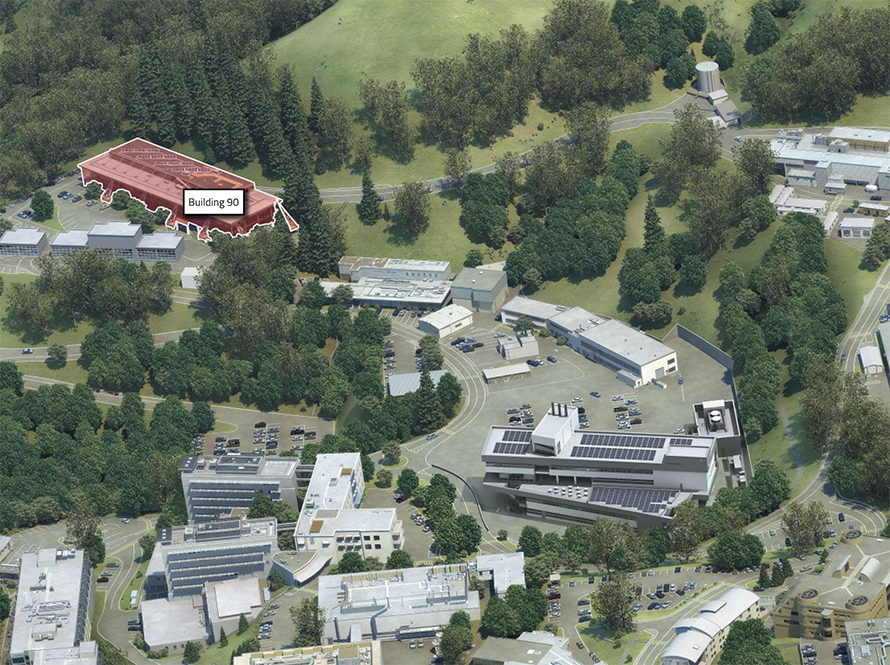 Aerial photo with building 90 highlighted.