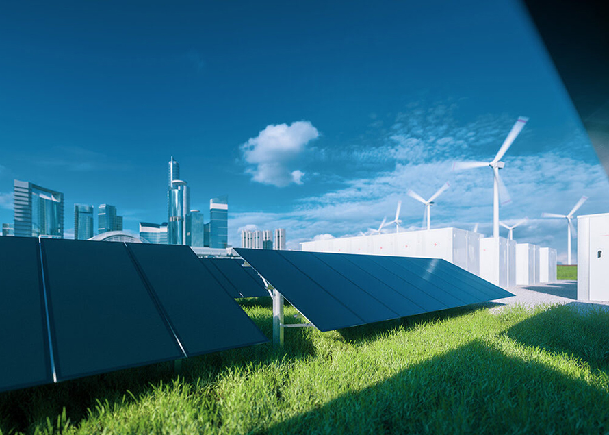 A city skyline with solar panels and wind turbines in the foreground, highlighting sustainable energy solutions.