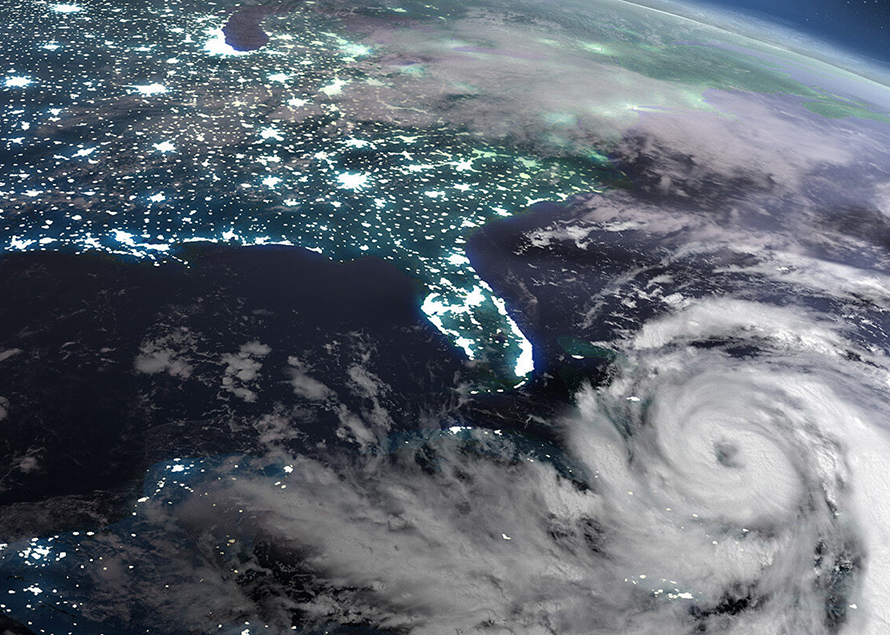 Overhead view of a hurricane approaching Florida.